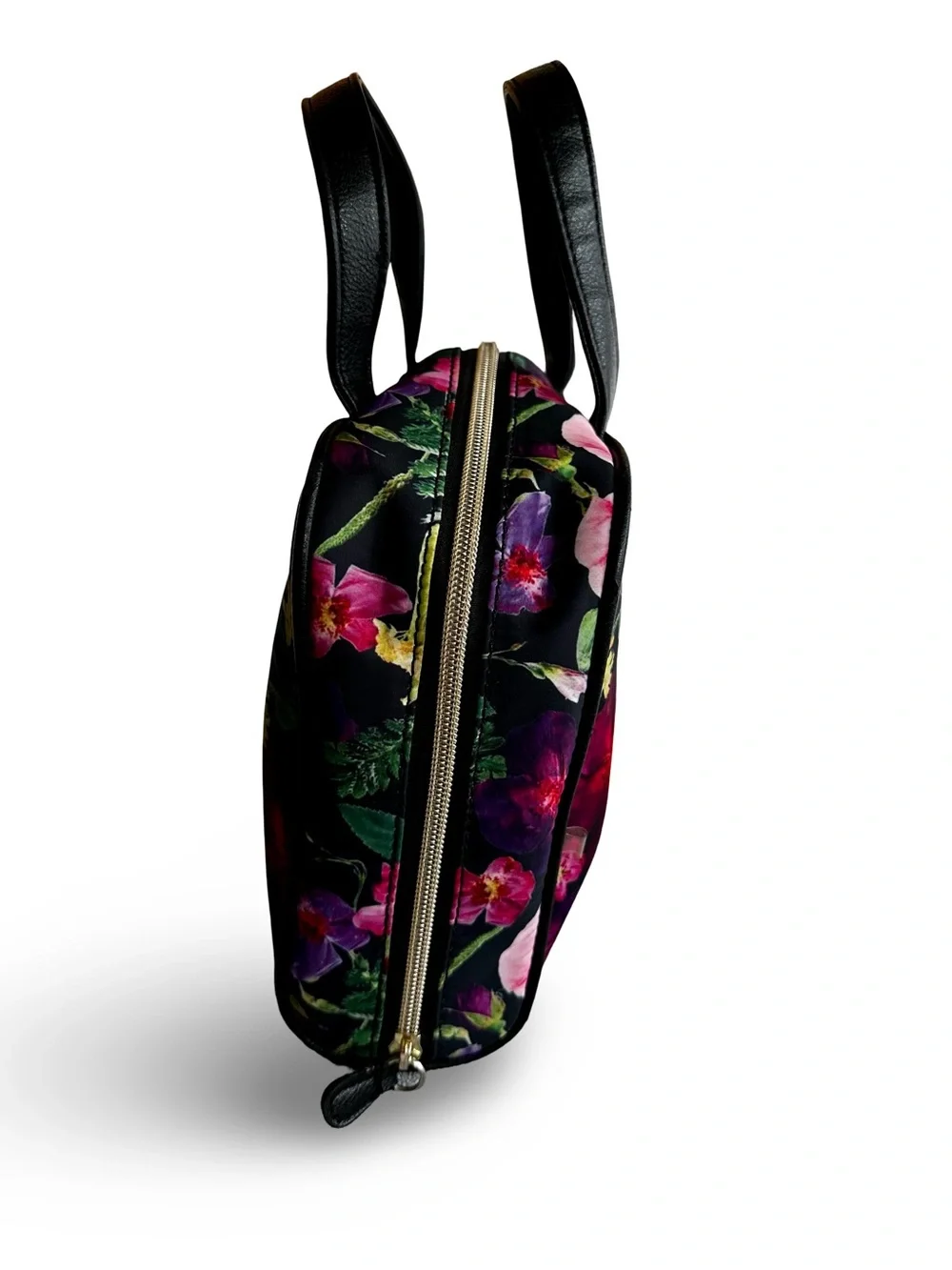 BETSEY JOHNSON Black Floral Cosmetic Bag with Pink and Red Blooms